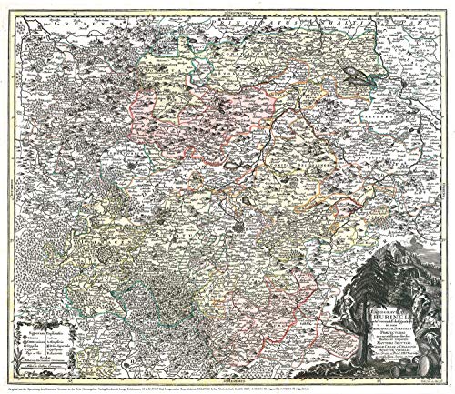 Historische Karte: Land Thüringen 1740 (Plano): Kartuscheninschrift: 'Landgraviatus Thuringiae juxta recentiss. designation in suos Principatus, ... partib. Rheni, Sveviae, et Juris Franconici. von Verlag Rockstuhl