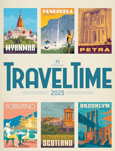 Travel Time Kalender 2025, Wandkalender im Hochformat (50x66 cm) - Reise-Plakate im Retrostil, Illustrationen und Plakatmalerei, Kunstkalender von Ackermann Kunstverlag