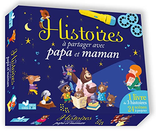 Histoires à partager avec papa et maman - coffret avec lampe: Coffret avec 1 livre de 3 histoires, 1 lampe de poche et 24 scènes à projeter