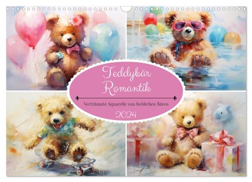 Teddybär Romantik. Verträumte Aquarelle von lieblichen Bären (Wandkalender 2024 DIN A3 quer), CALVENDO Monatskalender von CALVENDO