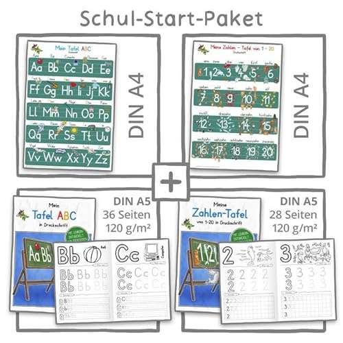 Mein Schul-Start-Paket (2 Lernposter DIN A4 + 2 Schreiblernhefte): Mein Tafel-ABC + Meine Zahlentafel in Druckschrift