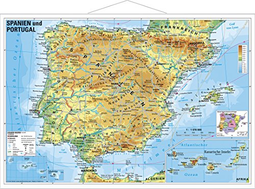 Spanien und Portugal physisch - Wandkarte mit Metallbeleistung NEUE AUFLAGE