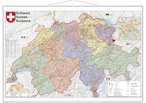 Schweiz Postleitzahlen - Wandkarte mit Metallbeleistung NEUE AUFLAGE