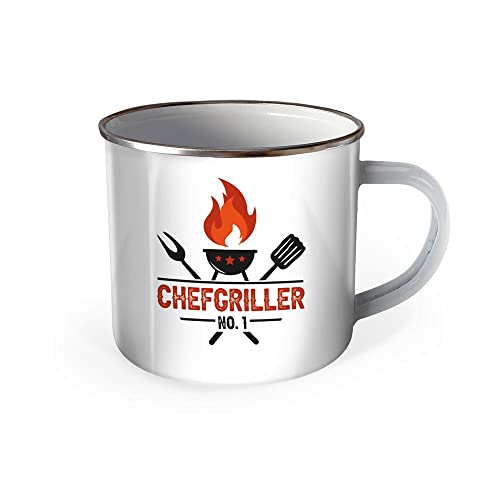 Trötsch Emaille Becher Grillen Tasse Chefgriller NO. 1 Grillmeister: Kaffeetasse Teetasse Geschenkidee Geschenk Tasse Emaillebecher
