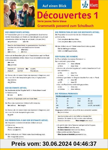 Découvertes Série jaune / Série bleue 1 - Auf einen Blick: Grammatik passend zum Schulbuch - Klappkarte (6 Seiten)