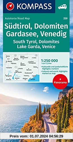 KOMPASS Autokarte Südtirol, Dolomiten, Gardasee, Venedig 1:250.000: mit Panorama auf der Rückseite