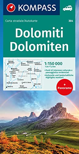 KOMPASS Autokarte Dolomiti, Dolomiten, Dolomites 1:150.000: mit Panorama, kulturelle und landschaftliche Highlights eingezeichnet von Kompass