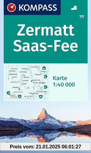 KOMPASS Wanderkarte 117 Zermatt, Saas-Fee 1:40.000: markierte Wanderwege, Hütten