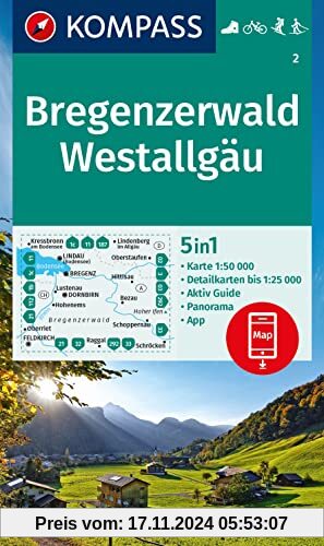 KOMPASS Wanderkarte 2 Bregenzerwald, Westallgäu 1:50.000: 5in1 Wanderkarte mit Aktiv Guide, Detailkarten und Panorama inklusive Karte zur offline ... Fahrradfahren. Skitouren. Langlaufen.