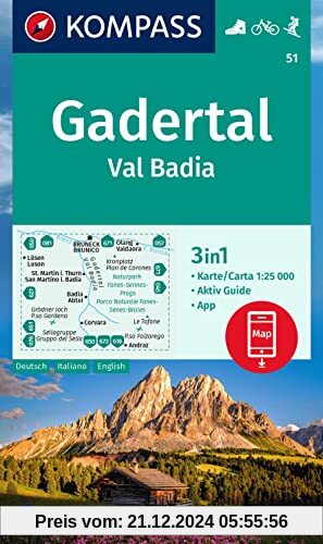 KOMPASS Wanderkarte 51 Gadertal / Val Badia 1:25.000: 3in1 Wanderkarte, mit Aktiv Guide inklusive Karte zur offline Verwendung in der KOMPASS-App. Fahrradfahren. Skitouren.