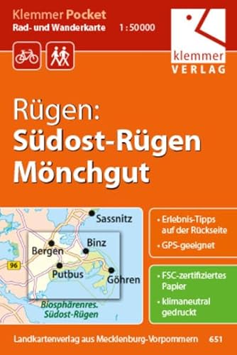Klemmer Pocket Rad- und Wanderkarte Rügen: Südost-Rügen, Mönchgut: GPS geeignet, Erlebnis-Tipps auf der Rückseite. 1:50000 von Klemmer-Verlag