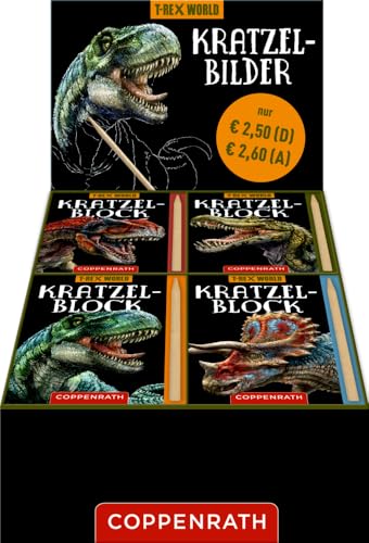 Kratzelbilder (T-Rex World): T-Rex/Spinosaurus/Allosaurus/Triceratops. Mini-Blöcke zum Ausmalen und Auskratzeln, Auswahl eines Exemplars aus 4 ... zum Ausmalen und Auskratzeln, für Kinder von Coppenrath Verlag