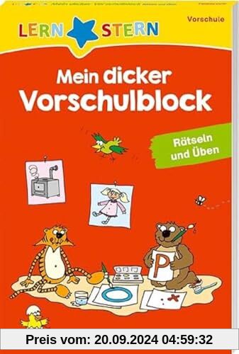 LERNSTERN. Mein dicker Vorschulblock / Für Kinder ab 5 Jahren / Super Preis-Leistungs-Verhältnis / Trainiert Konzentration, Feinmotorik, Zahlen und Buchstaben: Rätseln und Üben