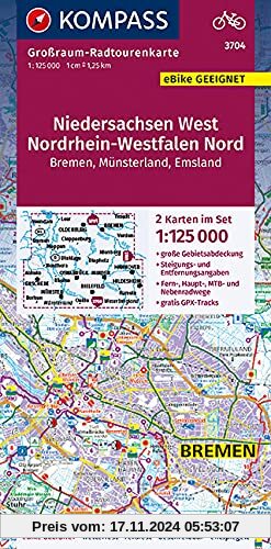 Niedersachsen West, Nordrhein-Westfalen Nord 3704: Großraum-Radtourenkarte 1:125000, GPX-Daten zum Download (KOMPASS-Großraum-Radtourenkarte, Band 3704)