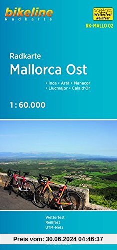 Radkarte Mallorca Ost: Inca - Artà - Manacor - Llucmajor - Cala d'Or 1:60 000