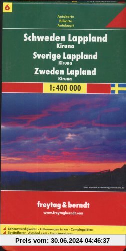 Schweden Blatt 6 Lappland / Kiruna 1 : 400 000: Sehenswürdigkeiten - Entfernungen in km - Campingplätze