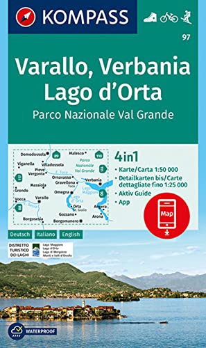 KOMPASS Wanderkarte 97 Varallo, Verbania, Lago d'Orta, Parco Nazionale Val Grande 1:50.000: 4in1 Wanderkarte mit Aktiv Guide und Detailkarten ... in der KOMPASS-App. Fahrradfahren. Skitouren. von Kompass