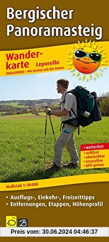 Wanderkarte Leporello Bergischer Panoramasteig: mit Ausflugszielen, Einkehr- & Freizeittipps, wetterfest, reißfest, abwischbar, GPS-genau. 1:30000