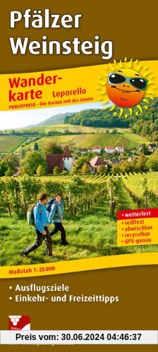Wanderkarte Pfälzer Weinsteig: Mit Ausflugszielen, Einkehr- & Freizeittipps, wetterfest, reißfest, abwischbar, GPS-genau. 1:25000