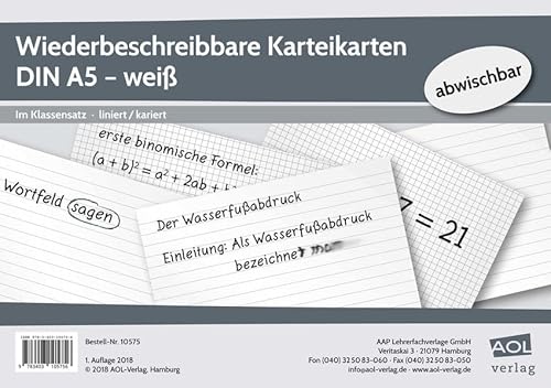 Wiederbeschreibbare Karteikarten DIN A5 - weiß: Im Klassensatz - liniert/kariert: Im Klassensatz - liniert/kariert - abwischbar von Aol-Verlag In Der Aap Lehrerwelt